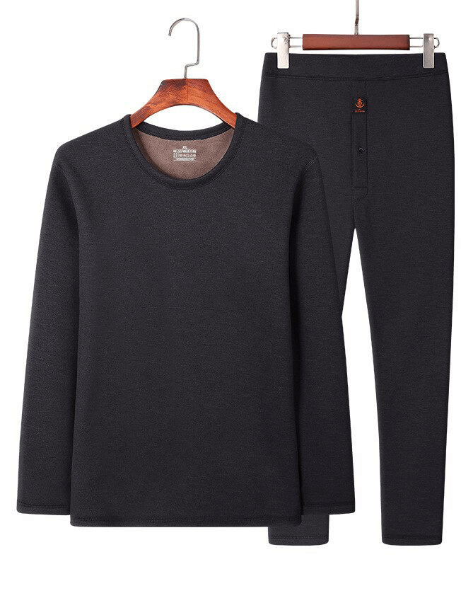 Men's fleece thermal underwear set with padded, thickened design and round neck. Perfect for cold weather comfort.