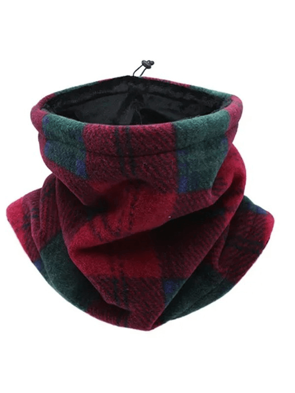 Red and green plaid fleece neck warmer gaiter for unisex, offering thermal comfort for skiing and outdoor activities, in solid color.