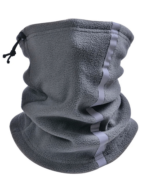 Gray fleece neck warmer thermal snood scarf with drawstring, perfect for outdoor sports and cold weather protection.