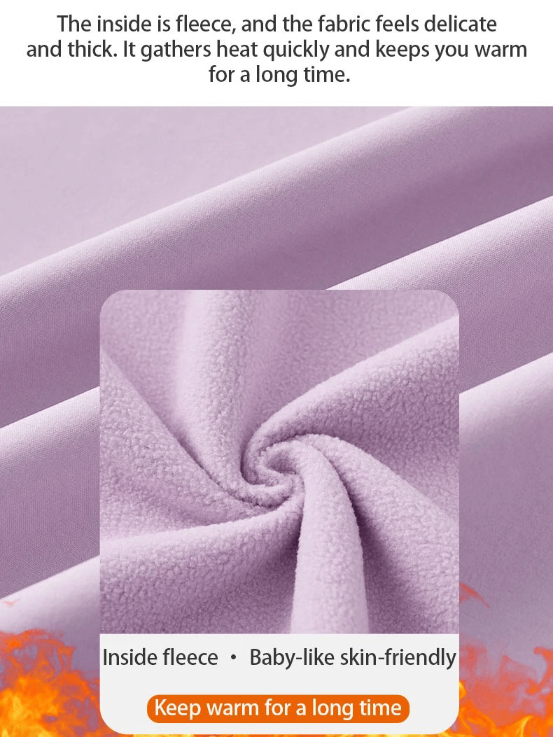 Close-up of soft purple fleece fabric with text highlighting its warmth and delicate feel for long-lasting comfort.