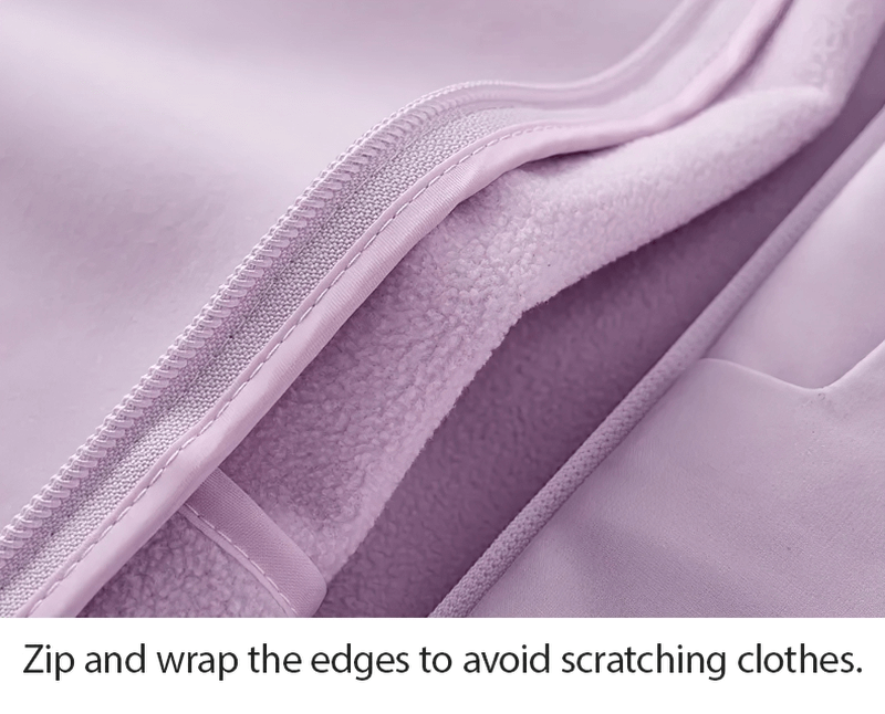 Close-up of fleece softshell jacket with zipper and protective wrapping detail for scratch protection.