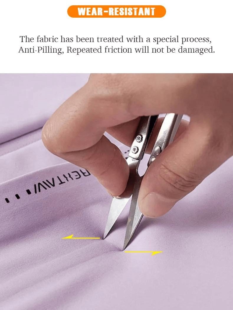 Showcase of wear-resistant fleece softshell hiking jacket fabric being tested for anti-pilling with a scissor on lavender material.