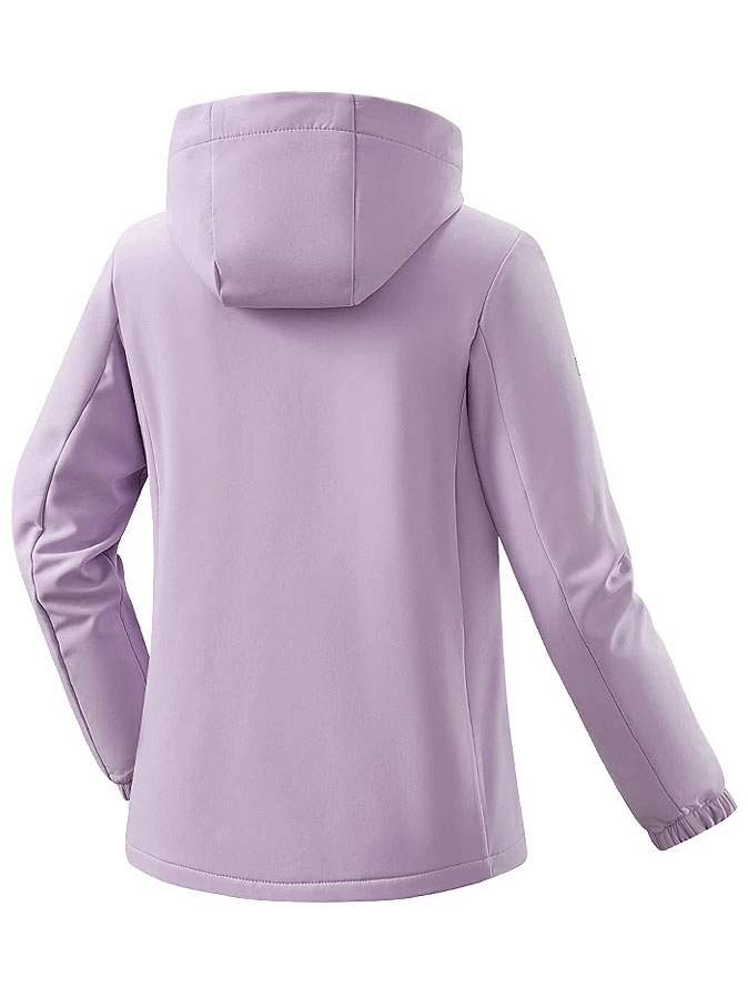 Lilac fleece softshell hiking jacket with hood and water resistance, featuring durable and breathable polyester fabric, SF1851.