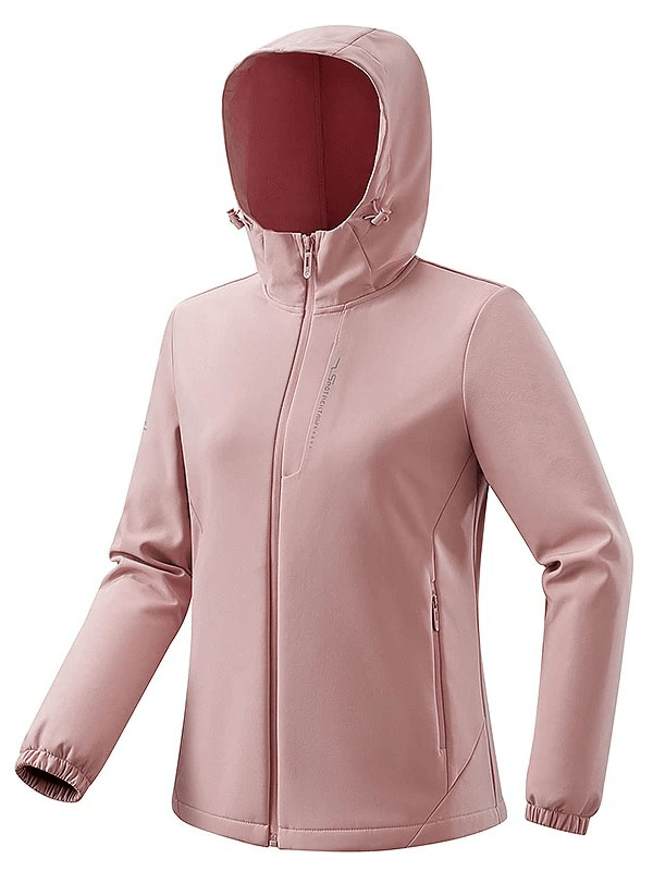 Fleece Softshell Hiking Jacket SF1851 in pink with hood, offers water resistance, breathability, and durability for outdoor adventures.