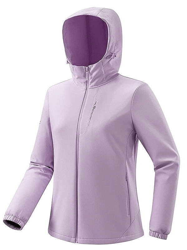 Lilac fleece softshell hiking jacket with hood, featuring water resistance and durable polyester construction.