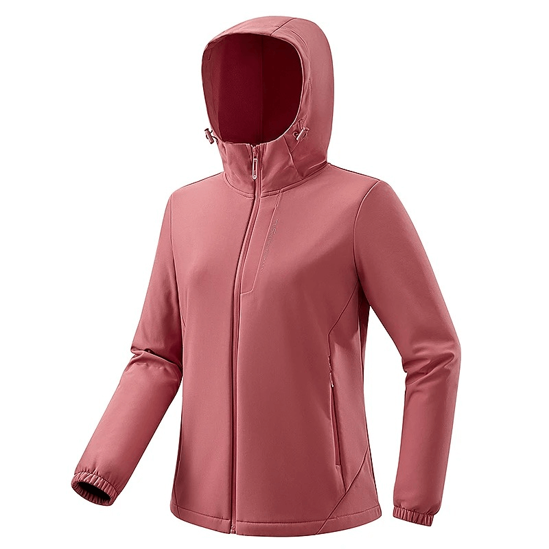 Pink fleece softshell hiking jacket SF1851 with hood, water resistant, anti-static, breathable, perfect for outdoor adventures.