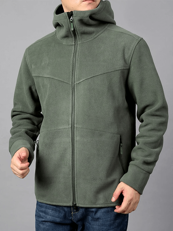 Men's fleece thermal zip-up hooded jacket in olive, featuring rib sleeve cuffs and cashmere lining for warmth and style in colder climates.