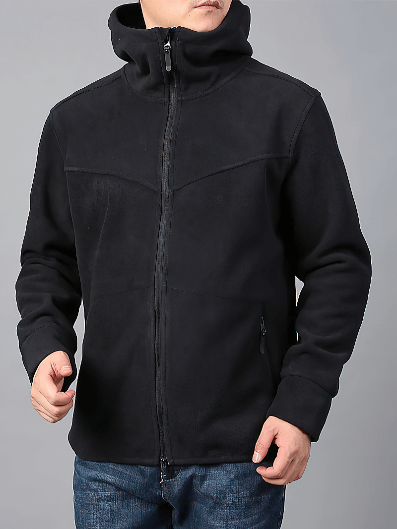 Men's black fleece thermal hooded jacket SF1990; zip-up style with cashmere lining; perfect for cold weather; stylish and warm.