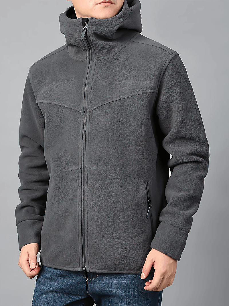 Fleece Thermal Zip-Up Hooded Jacket for Men with cashmere lining, ideal for cold climates, in stylish gray with rib sleeve cuffs.