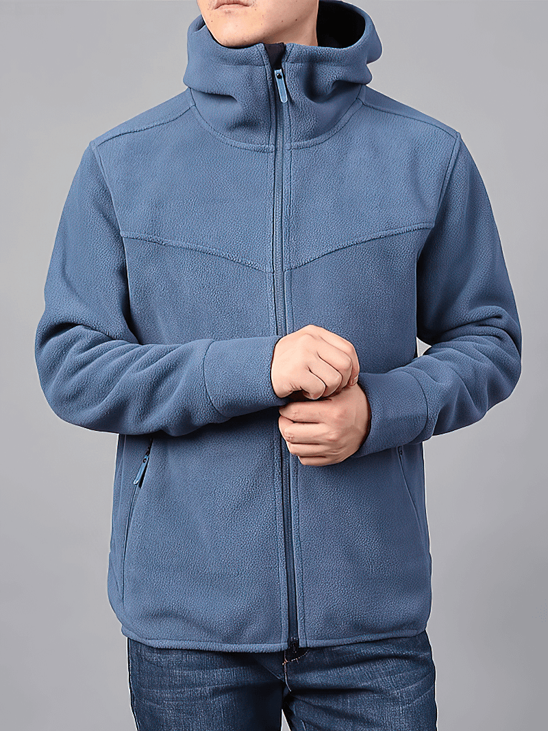Men's blue fleece thermal zip-up hooded jacket SF1990, polyester with cashmere lining, rib sleeve cuffs, perfect for cold weather.