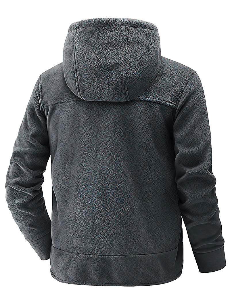 Men's fleece thermal zip-up hooded jacket back view, polyester with cashmere lining, perfect for cold weather.