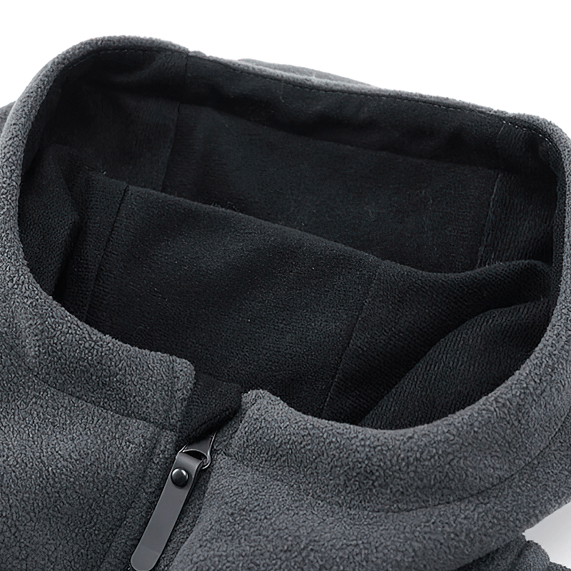 Cozy fleece thermal hooded jacket for men with zip-up front, polyester exterior, cashmere lining, ideal for cold weather.