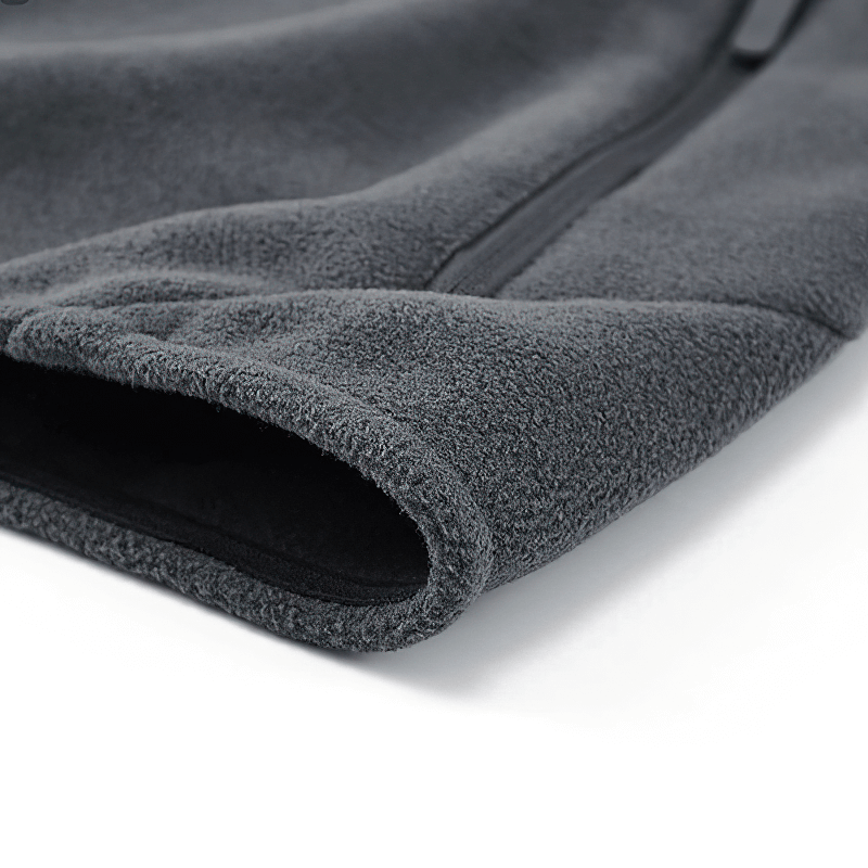 Close-up view of the fleece thermal material on men's zip-up hooded jacket, showcasing rib sleeve cuff design for extra warmth.