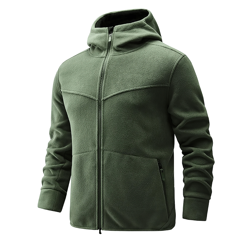 Men's fleece thermal zip-up hooded jacket SF1990, polyester with cashmere lining, rib cuffs, olive green, perfect for cold climates.