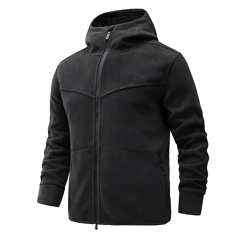 Black fleece thermal zip-up hooded jacket for men with rib sleeve cuffs and cashmere lining, perfect for cold weather.