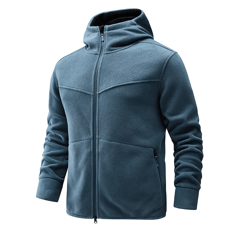 Men's fleece thermal zip-up hooded jacket SF1990 with cashmere lining, ideal for cold climates. Features rib sleeve cuffs and regular length.