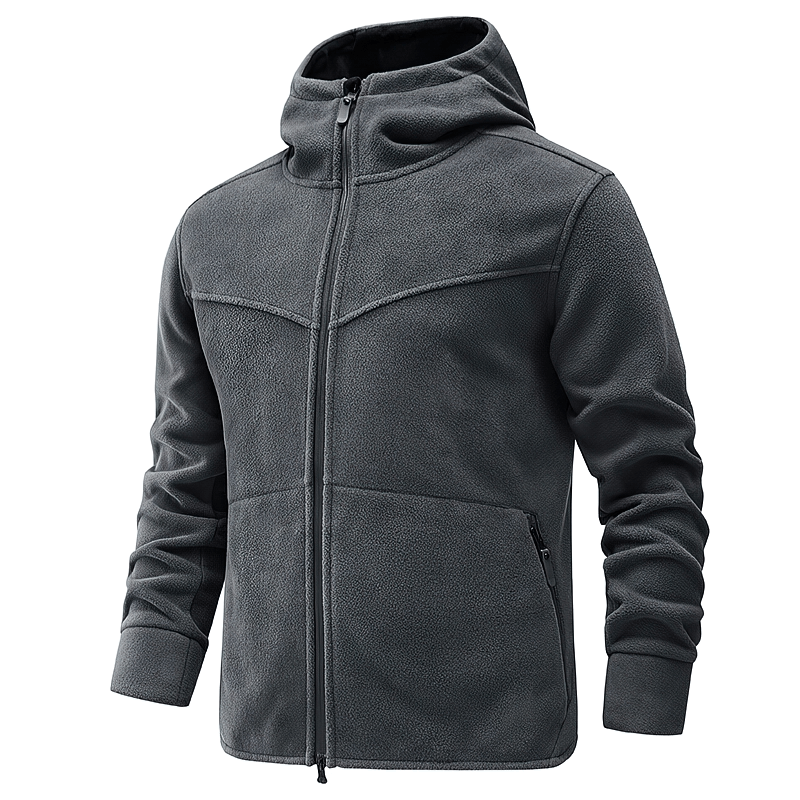 Stylish men's fleece thermal zip-up hooded jacket, SF1990, in dark grey. Ideal for warmth with cashmere lining and rib sleeve cuffs.