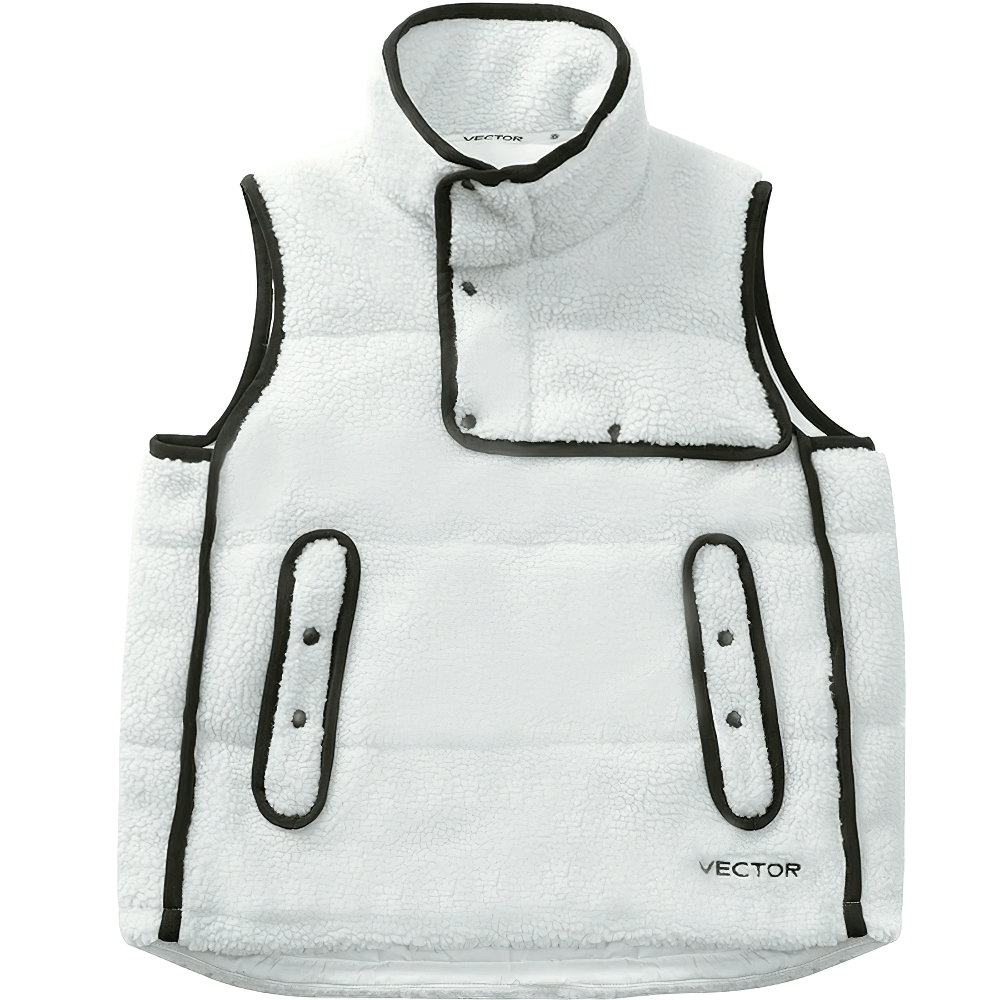 Warm white fleece vest with windproof neckline, snap closure, and side pockets. Ideal for winter outdoor adventures. Model SF2489.