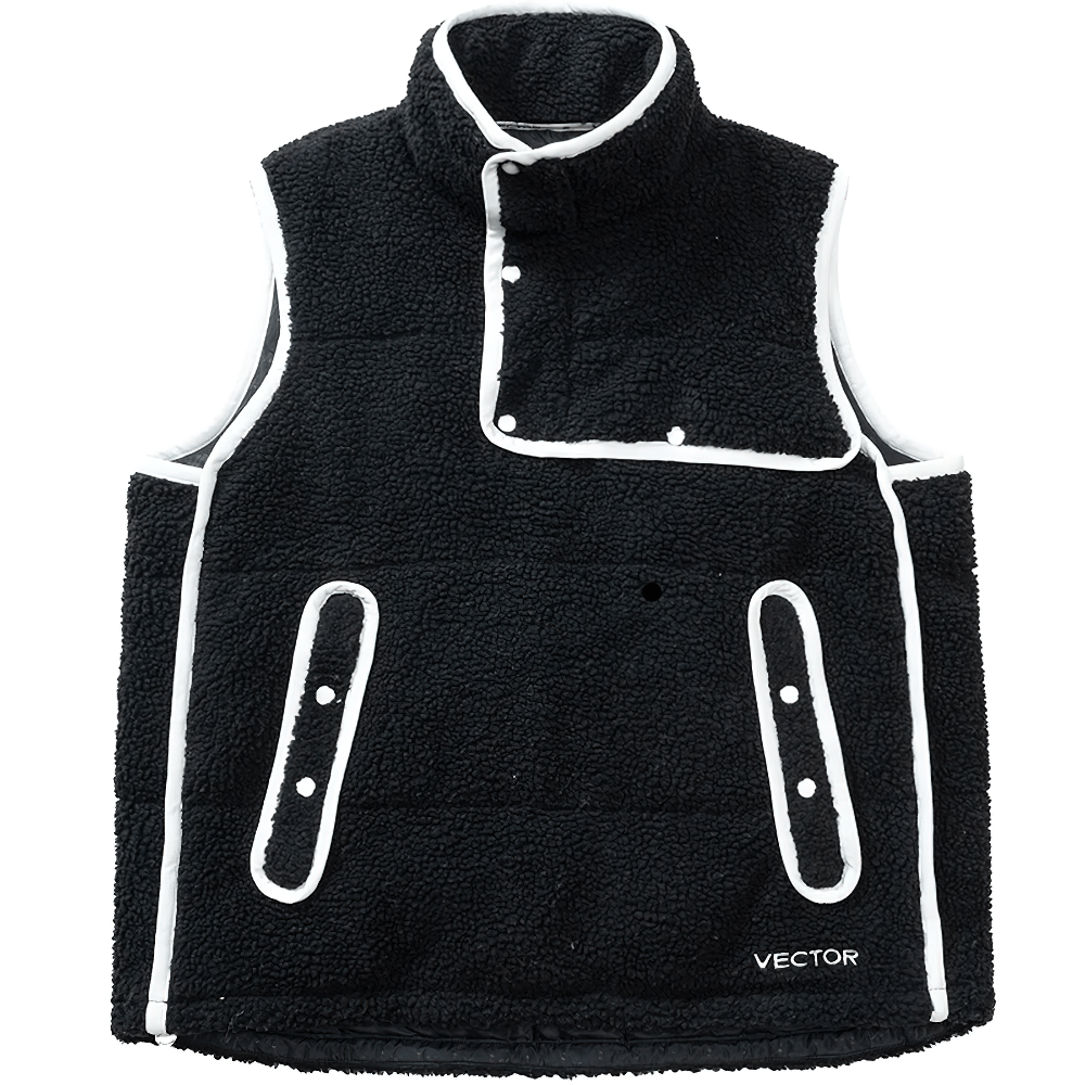 Fleece vest with windproof neckline, black sherpa fabric, snap closure, and side pockets for winter outdoor adventures.