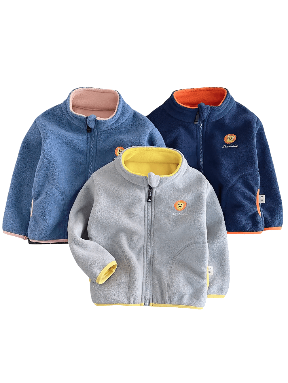 Fleece Zip Jacket with Lion Embroidery Design - SF3541 for kids in gray, navy, and blue colors, showcasing cute lion embroidery and cozy warmth.