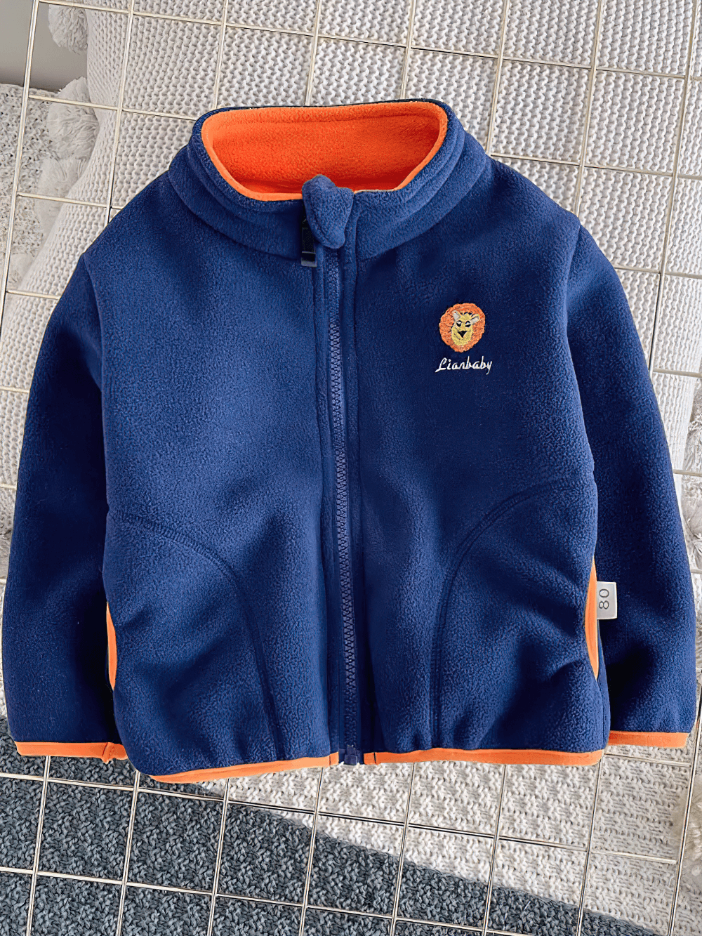 Fleece Zip Jacket with Lion Embroidery Design - SF3541 in navy, warm fleece for kids with orange lining.
