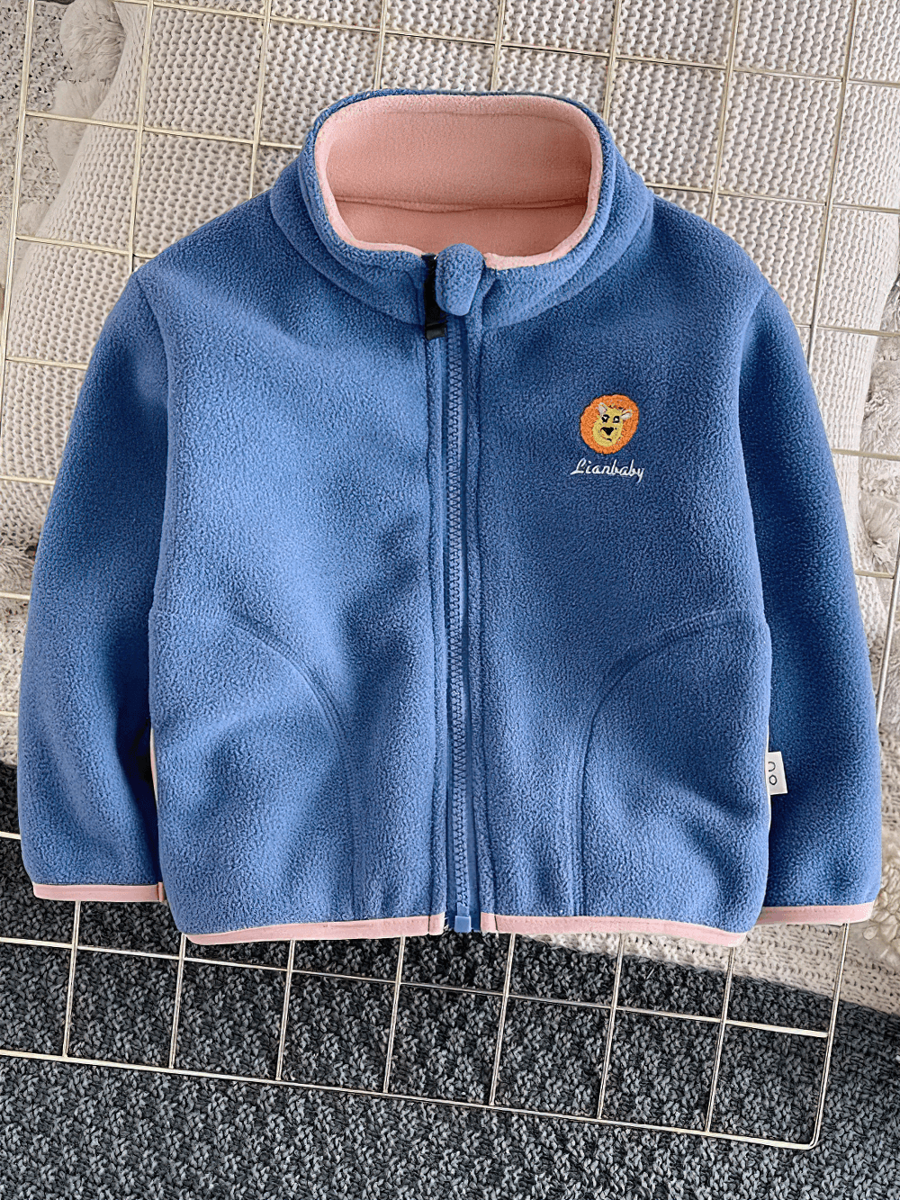 Fleece Zip Jacket with Lion Embroidery Design - SF3541 in blue, cozy kids outerwear with high collar and full-zip front.