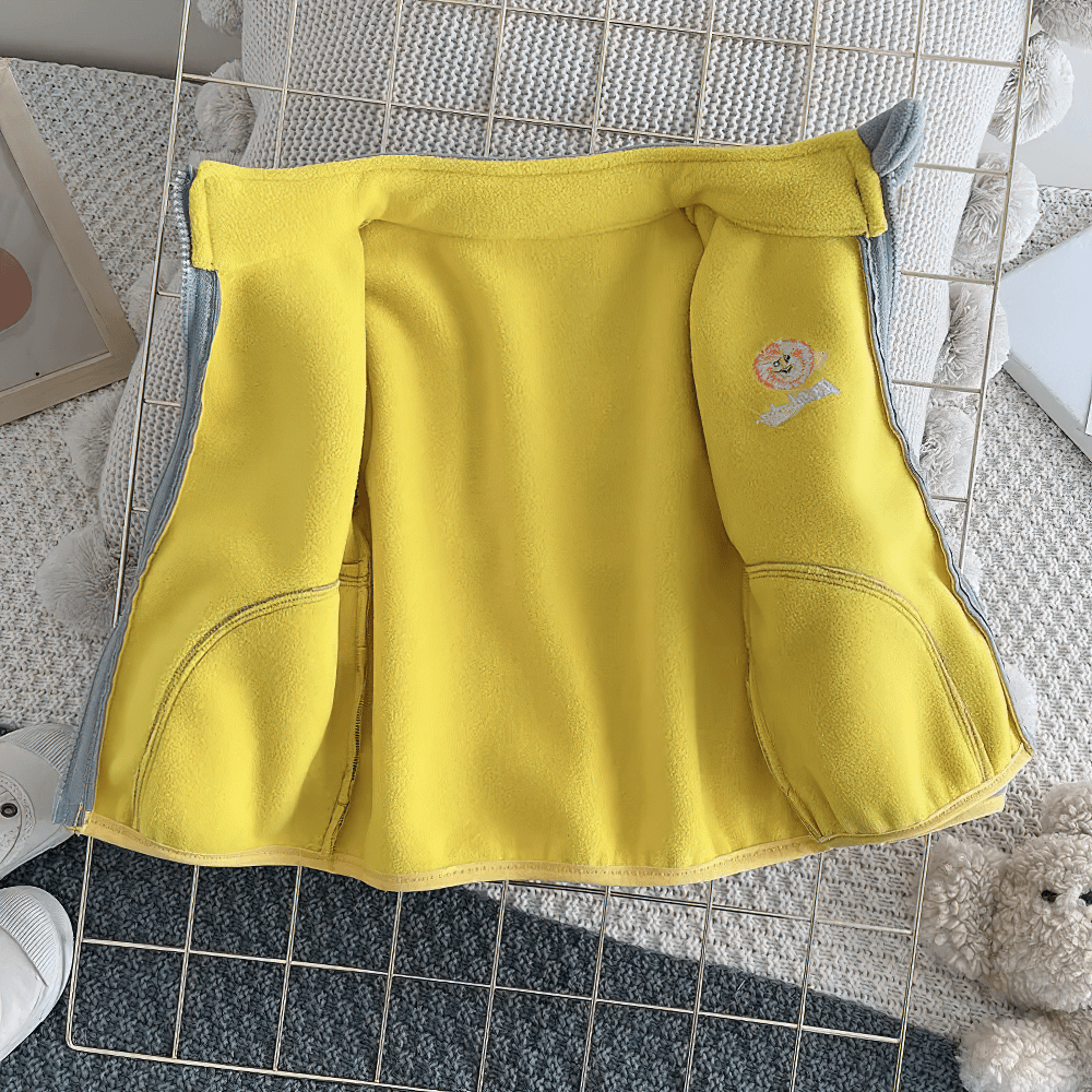 Inside view of the Fleece Zip Jacket with Lion Embroidery Design - SF3541, showing soft yellow lining and cute lion embroidery for kids.