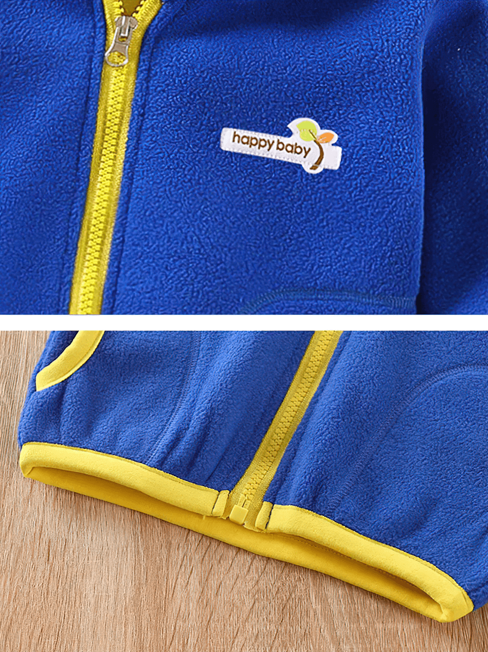 Blue Fleece Zip Jacket with Stand Collar and Pockets - SF3568, kids' warm jacket with yellow contrast trim and zipper closure.