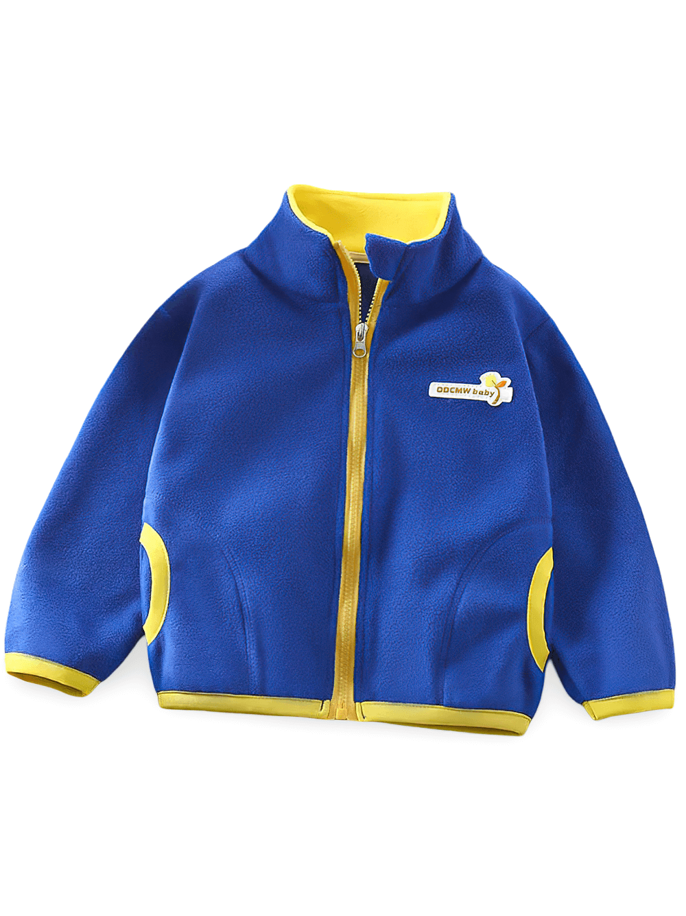 Fleece Zip Jacket with Stand Collar and Pockets - SF3568 for kids, featuring a warm blue design with yellow contrast trim and zipper.