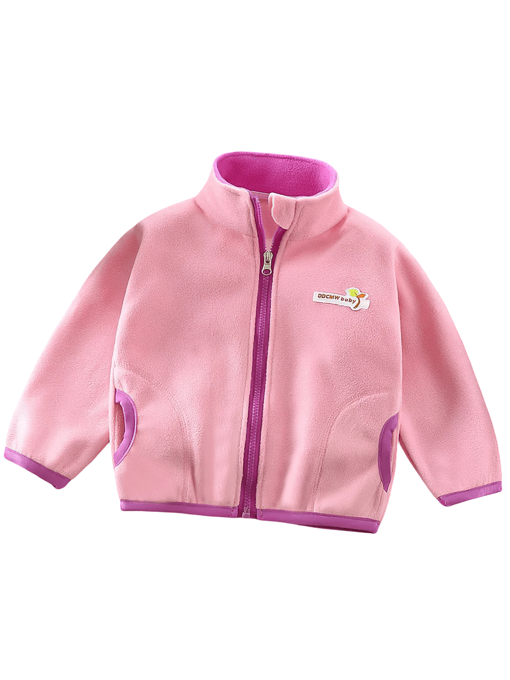 Fleece Zip Jacket with Stand Collar and Pockets - SF3568 in pink with contrast trim, perfect for keeping kids warm and stylish.