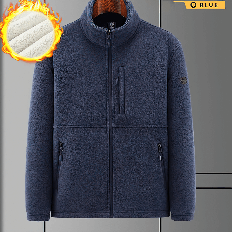Navy fleece zip-up jacket with pockets and warm lining, perfect for men seeking style and comfort in cooler weather.
