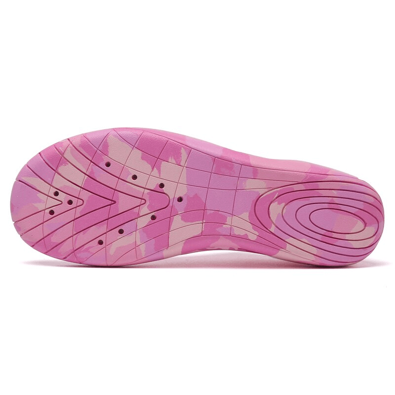 Pink camouflage rubber outsole of Flexible Elastic Unisex Water Shoes, SF1492, showcasing slip resistance and lightweight design.