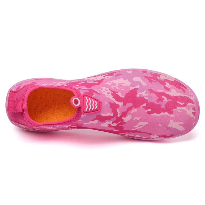 Pink camouflage flexible elastic unisex water shoe with rubber outsole for slip resistance, designed for swimming and water activities.