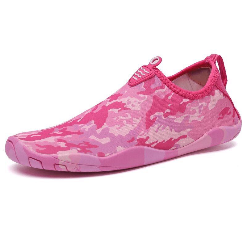 Pink camouflage unisex water shoes with slip-resistant outsole and quick-dry design, ideal for swimming and water activities.