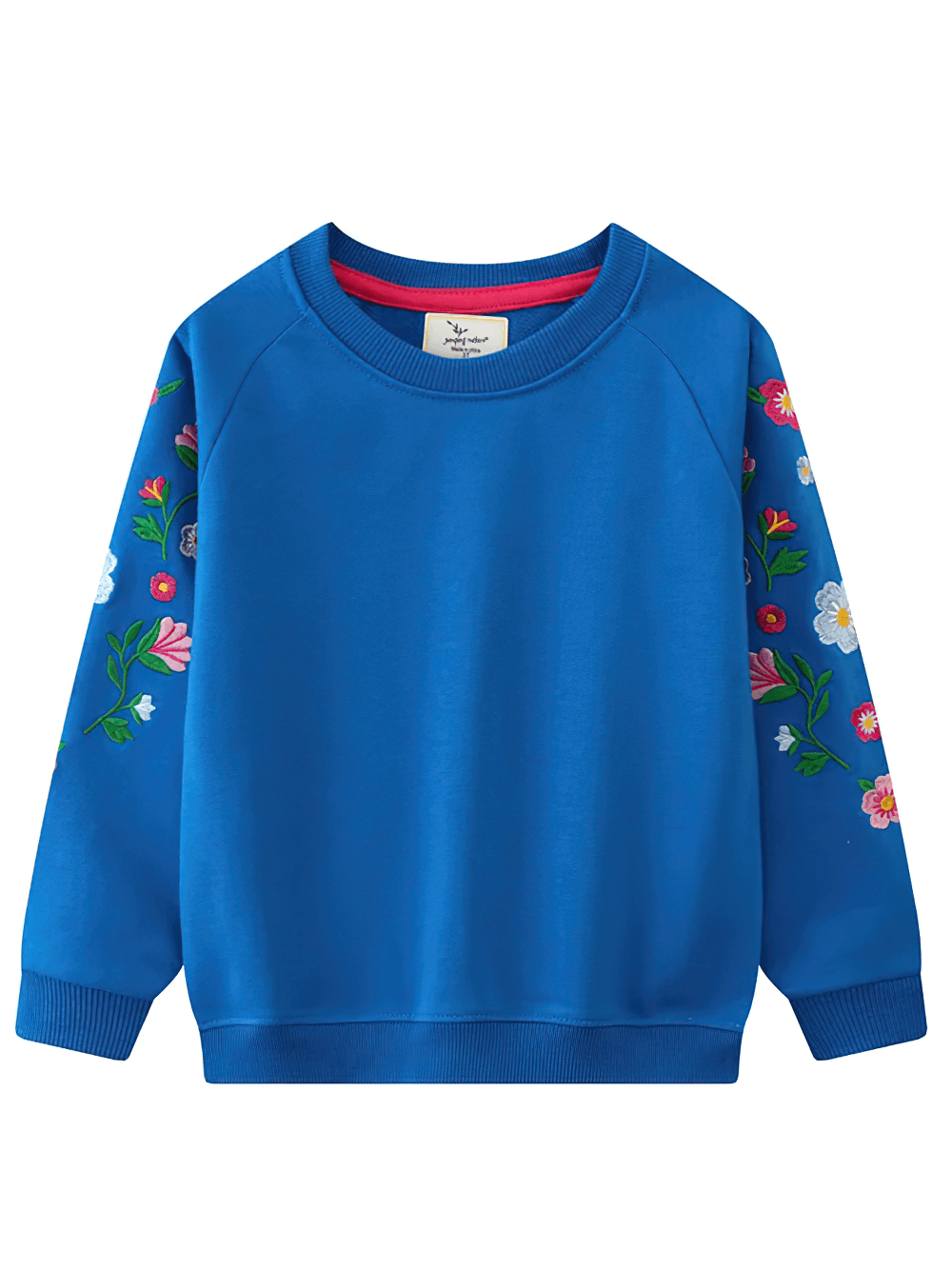 Floral Embroidered Sweatshirt With Raglan Sleeves - SF3634 showcasing colorful sleeve embroidery on a kid's blue crewneck pullover.