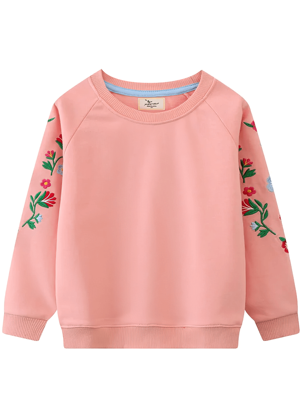 Floral Embroidered Sweatshirt With Raglan Sleeves - SF3634 for girls, pink with colorful flower embroidery on sleeves, kids pullover.