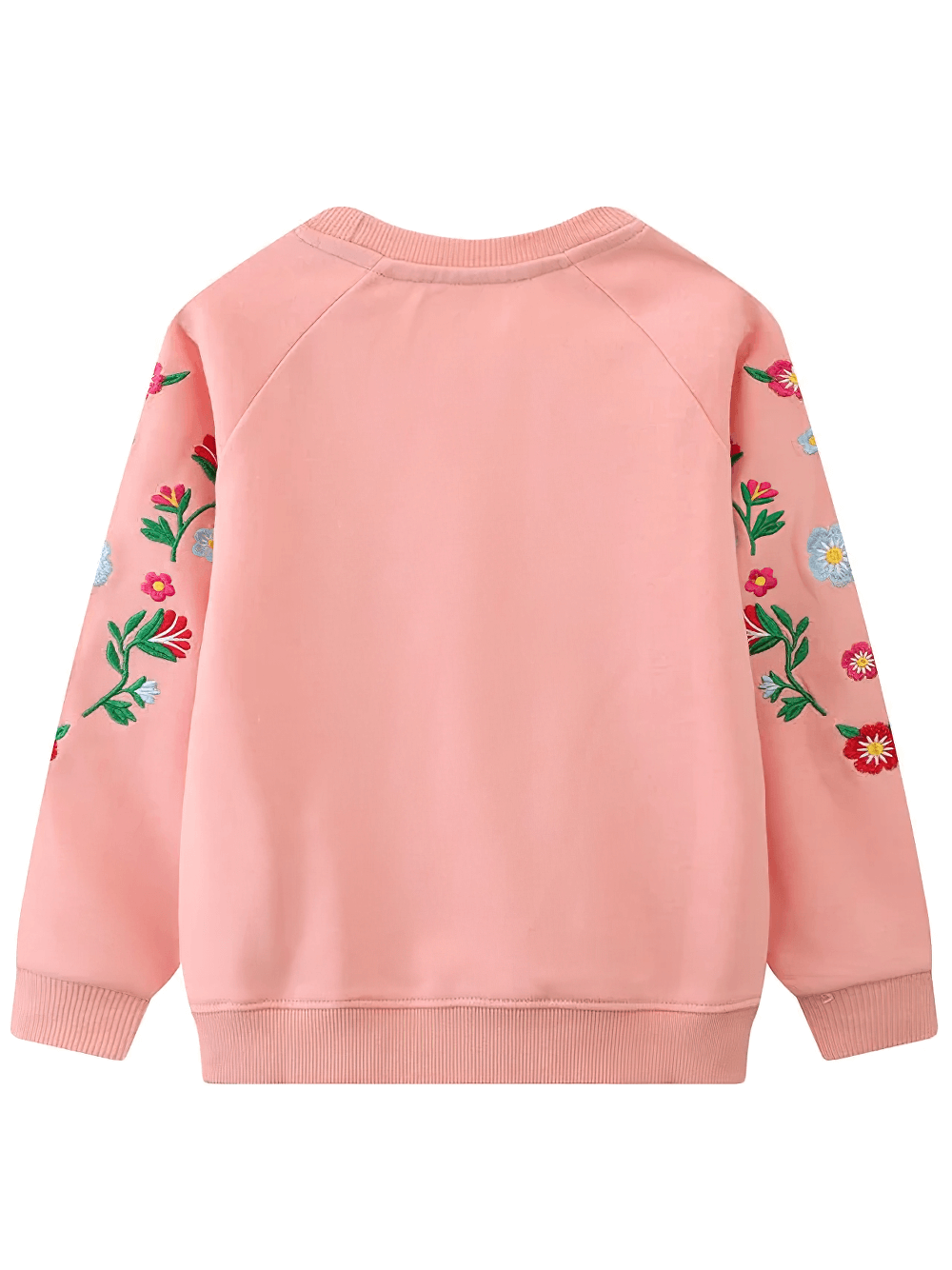 Girls Floral Embroidered Sweatshirt With Raglan Sleeves - SF3634 showcasing bright floral sleeve embroidery, perfect for kids' casual fashion.