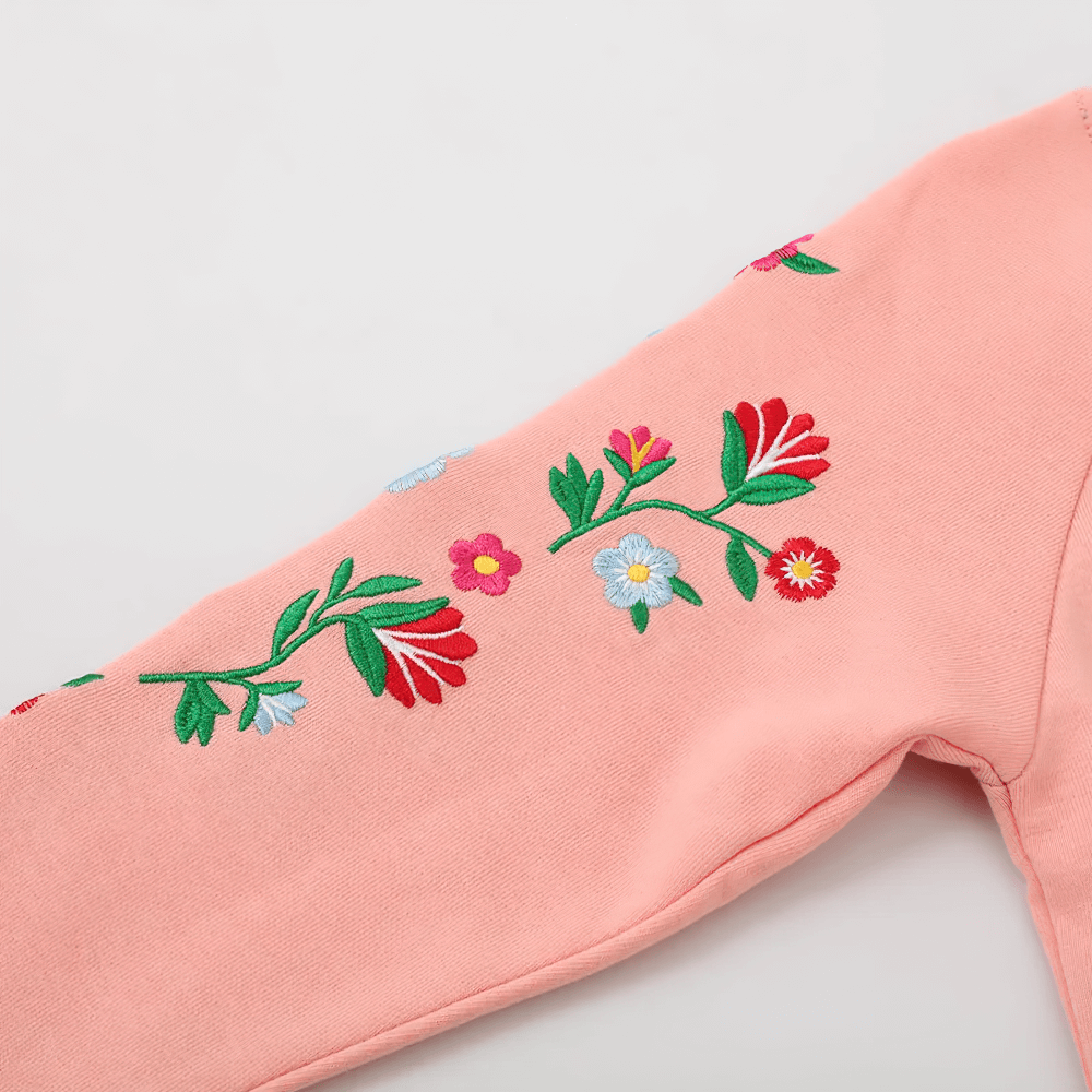 Floral Embroidered Sweatshirt With Raglan Sleeves - SF3634 showcasing vibrant floral sleeve embroidery on soft pink fabric.