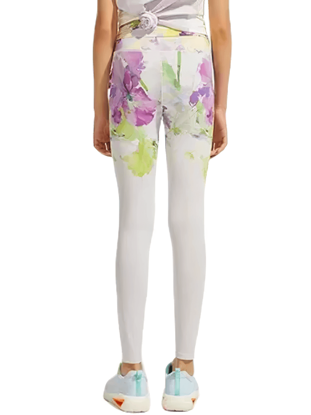 Floral Print Girls Yoga Leggings with High Waist - SF3819, stylish and breathable spandex leggings, back view with colorful floral pattern.