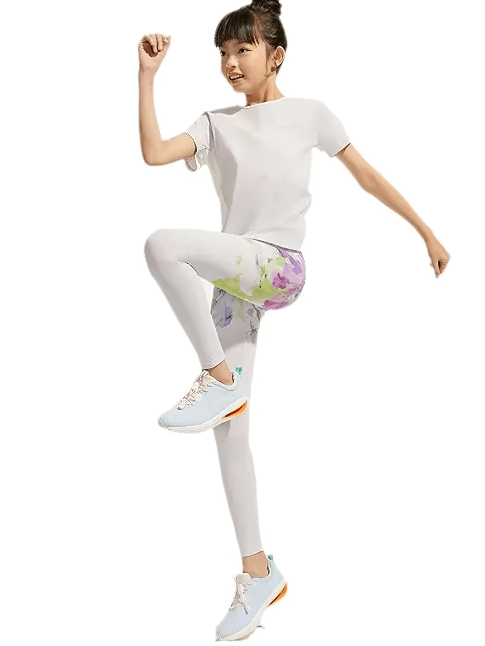 Young girl wearing Floral Print Girls Yoga Leggings with High Waist - SF3819, in a yoga pose, showcasing breathable spandex material.