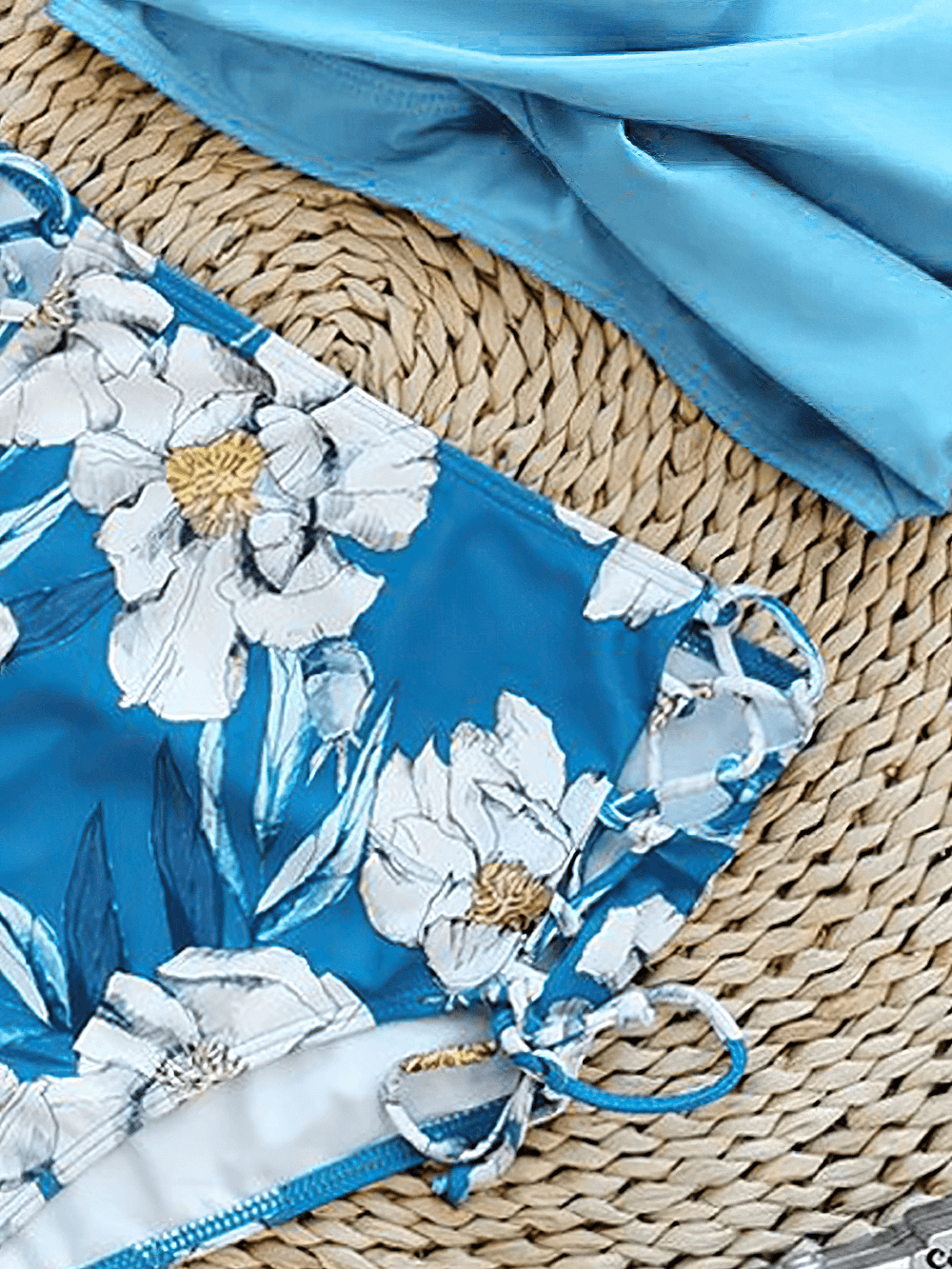 Floral Print V-Neck Tie Back High Waist Swimwear - SF4680 featuring floral design and elegant blue hues.