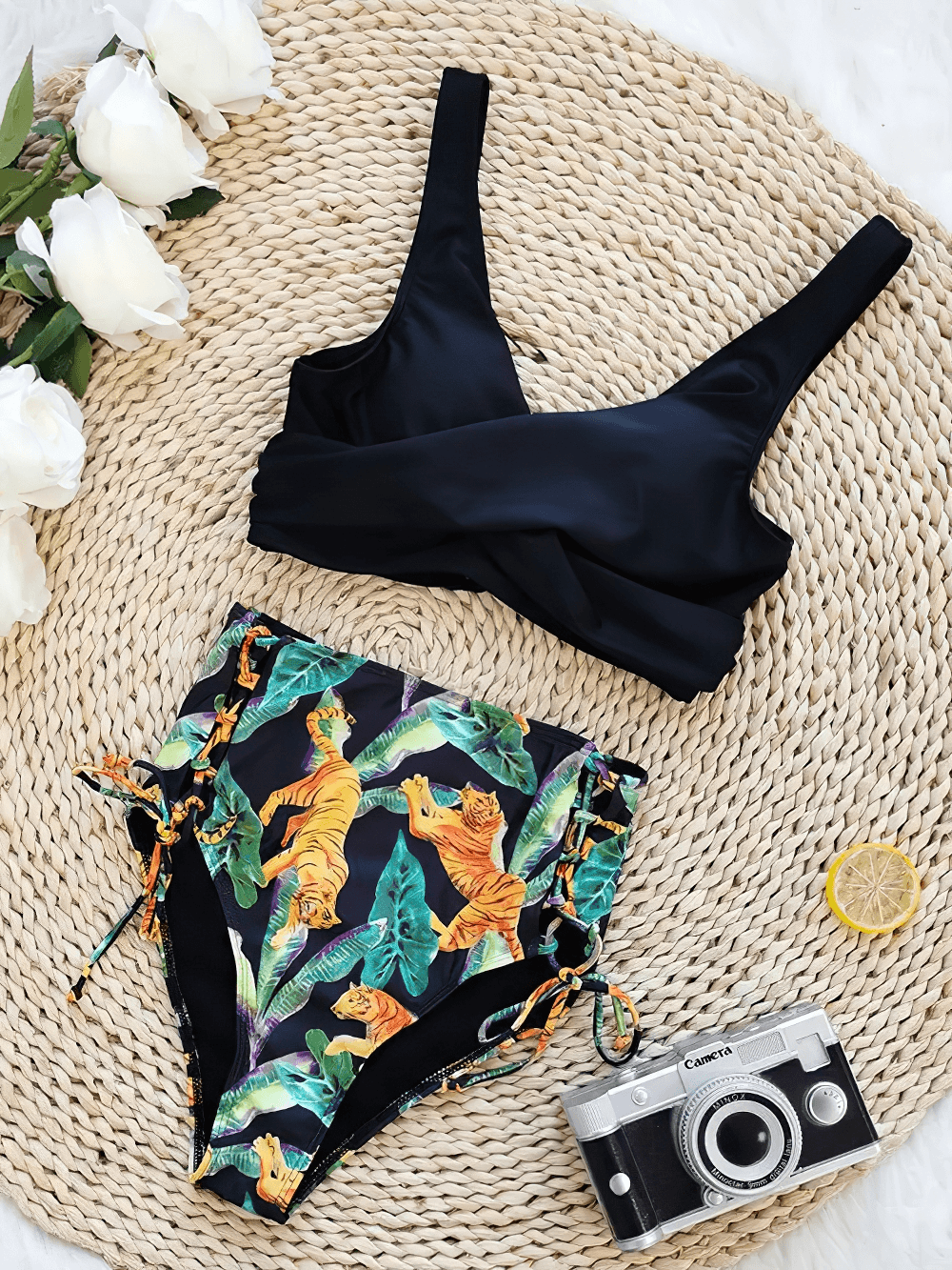 Floral Print V-Neck Tie Back High Waist Swimwear - SF4680 displayed on a woven mat with flowers and a camera.
