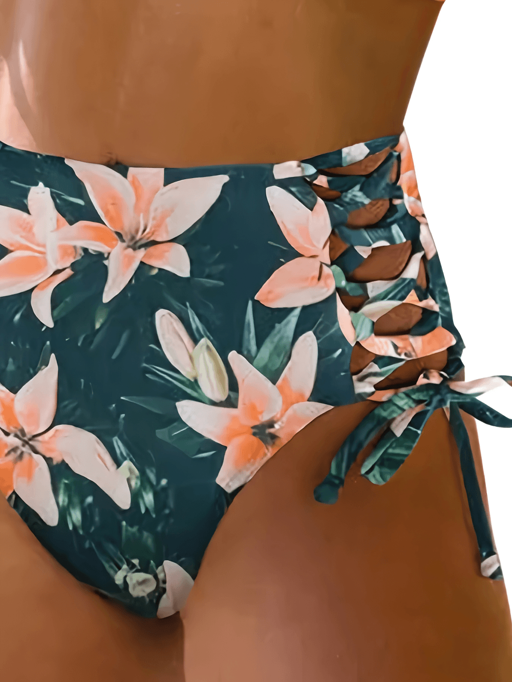 Floral Print V-Neck Tie Back High Waist Swimwear - SF4680 showcasing a stylish high-waist design with floral patterns.
