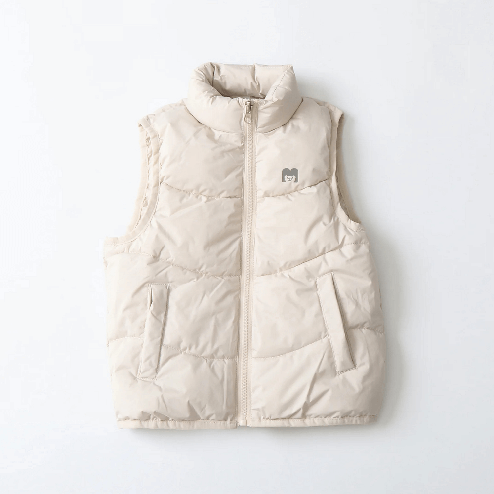 Cream-colored puffer vest with zipper and logo on front