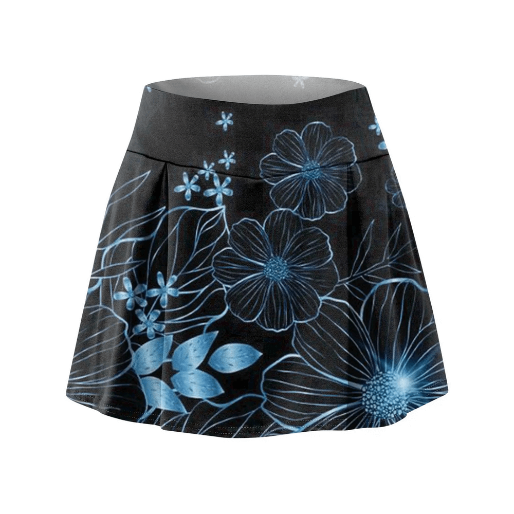 Alt Tag: Floral Tennis Skort with Inner Shorts for Women - SF4394 black pleated wrap skort with blue floral print for tennis golf running yoga