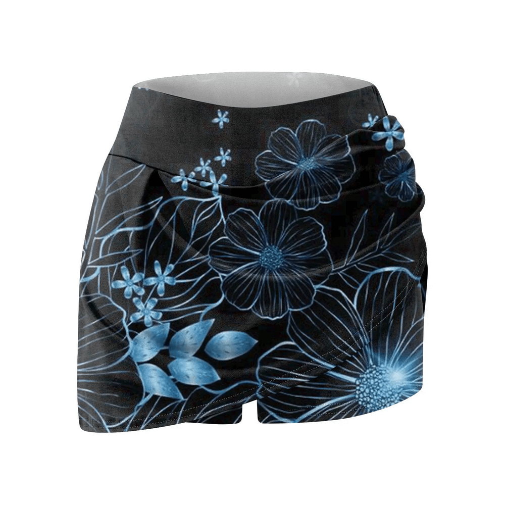 Alt Tag: Floral Tennis Skort with Inner Shorts for Women - SF4394 black floral print athletic golf skirt with built-in shorts
