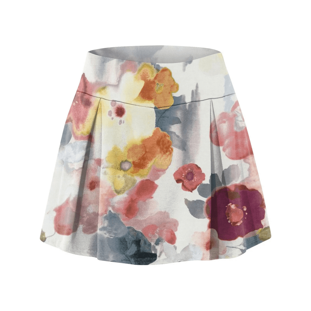 Alt Tag: Floral Tennis Skort with Inner Shorts for Women - SF4394 watercolor floral pleated wrap skort with elastic waistband for golf tennis running