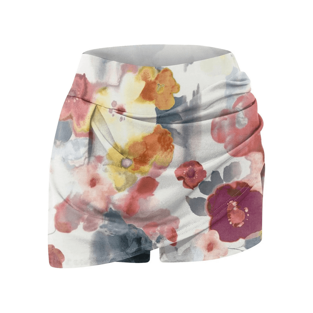 Alt Tag: Floral Tennis Skort with Inner Shorts for Women - SF4394 floral print pleated wrap skort with elastic waistband, front view