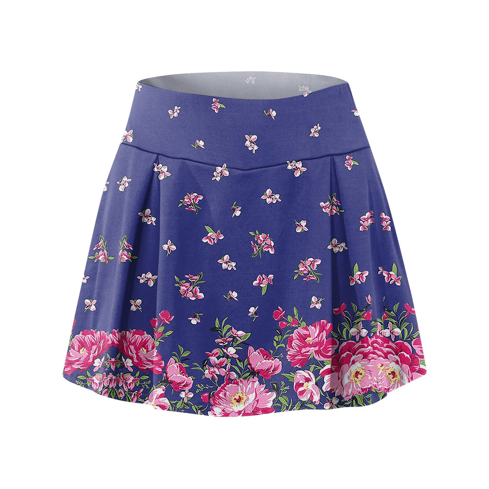 Alt Tag: Floral Tennis Skort with Inner Shorts for Women - SF4394 navy floral pleated wrap skort with elastic waistband, golf tennis running yoga