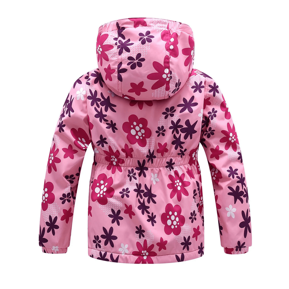 Back view of a pink Flower Print Windbreaker Jacket with Fleece Lining - SF3587 for kids, featuring vibrant floral design.